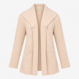 Cardigan Beige Open Front Shawl Collar Ribbed Slee