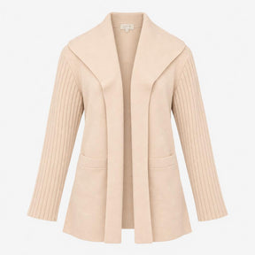 Cardigan Beige Open Front Shawl Collar Ribbed Slee