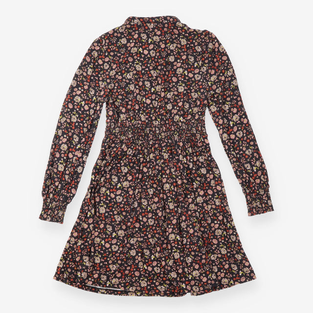 Midi Dress Navy Floral Print Smocked Waist Long Sl