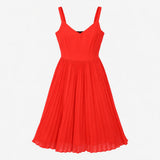 Dress Red Pleated Skirt Cami Straps V Neck