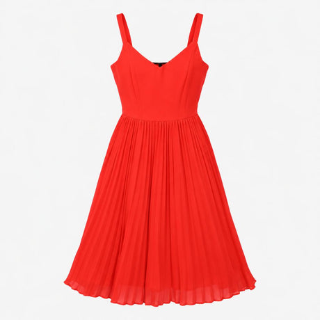 Dress Red Pleated Skirt Cami Straps V Neck