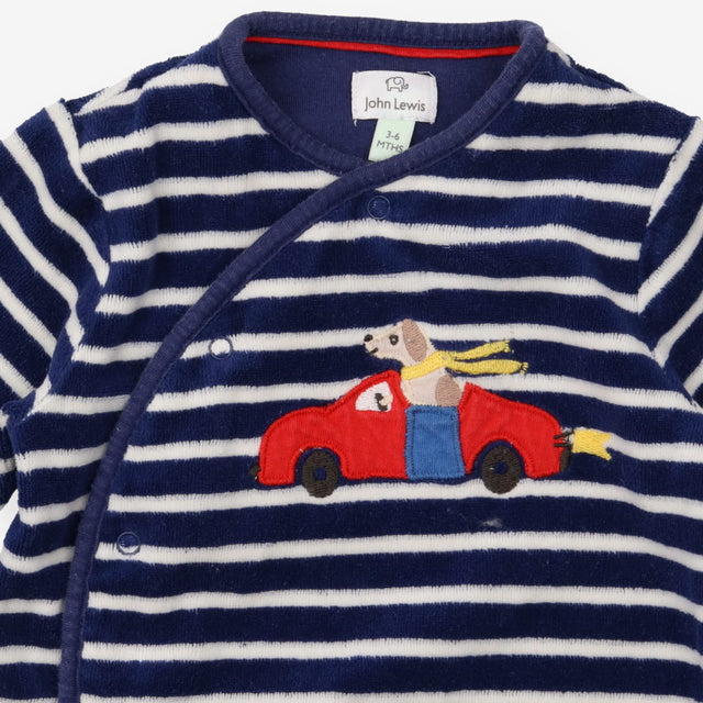 Velour Sleepsuit Navy and White Stripe - Dog in Ra