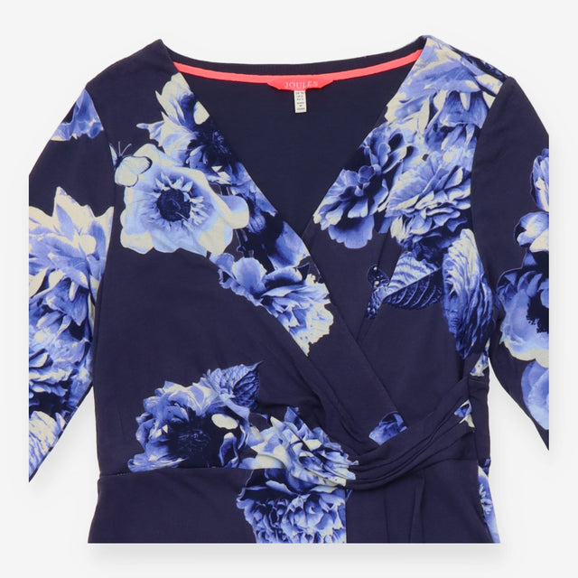 Midi Dress Navy Blue Floral Wrap Front