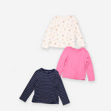 Tee 3pc LS stripe blue plain pink cream flowers