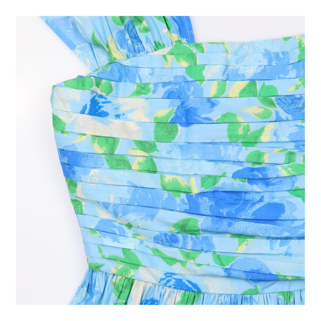 Blue Floral Sleeveless Pleated Bodice Sundress