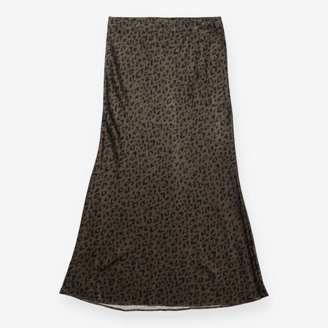Khaki Leopard Print Long Skirt with Side Split