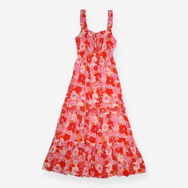 Pink Red Floral Tiered Maxi Dress Sleeveless