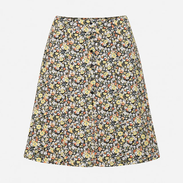 Black Ditsy Floral Button Front A-Line Midi Skirt