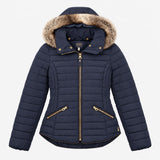 Jacket Hooded Padded Faux Fur Trim Navy Blue