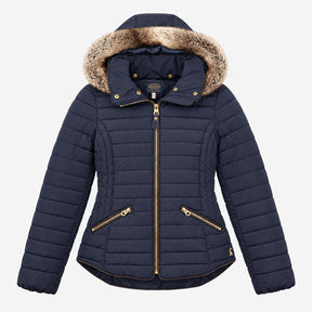 Jacket Hooded Padded Faux Fur Trim Navy Blue