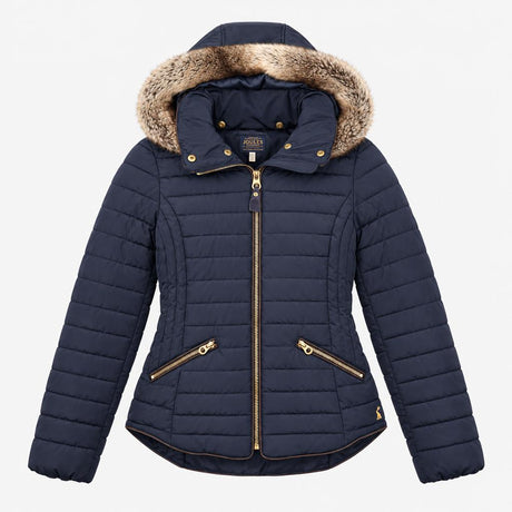 Jacket Hooded Padded Faux Fur Trim Navy Blue