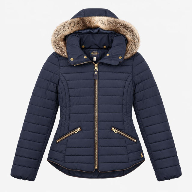 Jacket Hooded Padded Faux Fur Trim Navy Blue