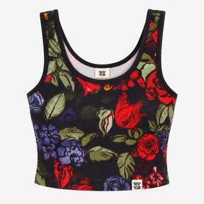 Vest Top Black Floral Organic Cotton Cropped Ribbe
