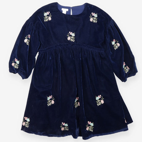 Dress Blue Velvet with Embroidered Flowers