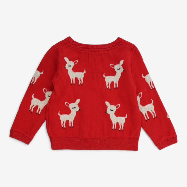 Red Knit Deer with Pink Pom Pom Sweater