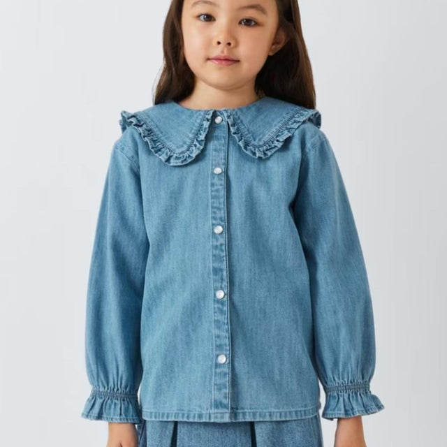 Kids' Frill Collar Denim Shirt, Mid Blue Denim