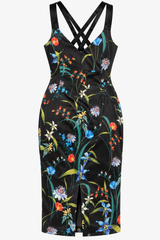 Floral Print Cross Back Strappy Sheath Midi Dress 