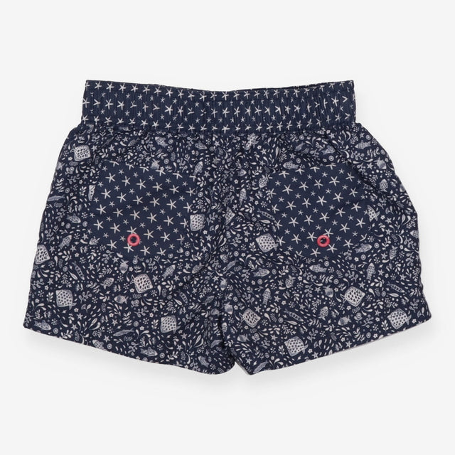 Navy and pink beach shorts fish print