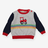 Sweater knit grey red tractor blue sleeves