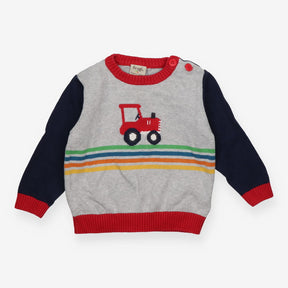 Sweater knit grey red tractor blue sleeves