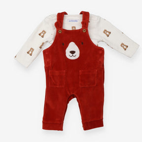 Velour Dungaree Orange with Bear Face and White Bo