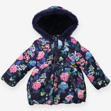 Puffer coat navy blue flowers birds fur collar