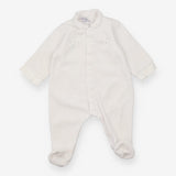 White velour footed romper moons and stars