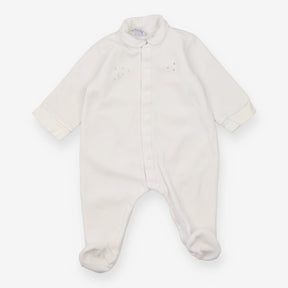 White velour footed romper moons and stars
