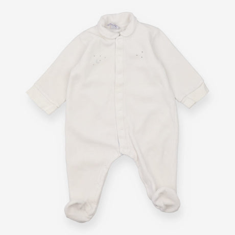 White velour footed romper moons and stars