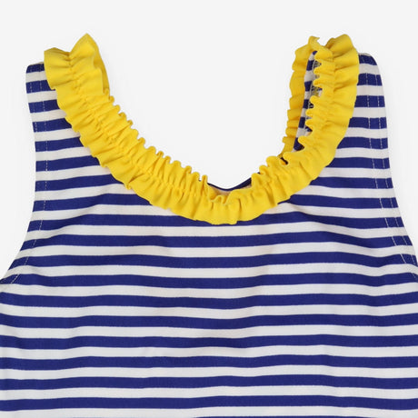 Blue and white stripe swimming costume with yellow