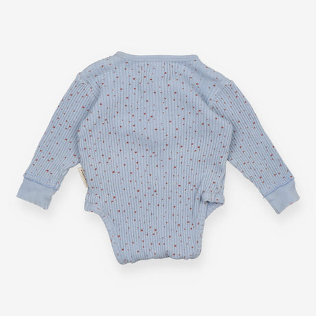 Bodysuit LS blue rib red stars wood buttons