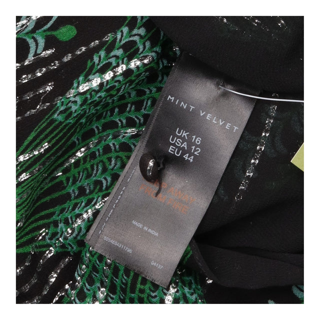 Midi Dress Black Green Peacock Print Draped Waist