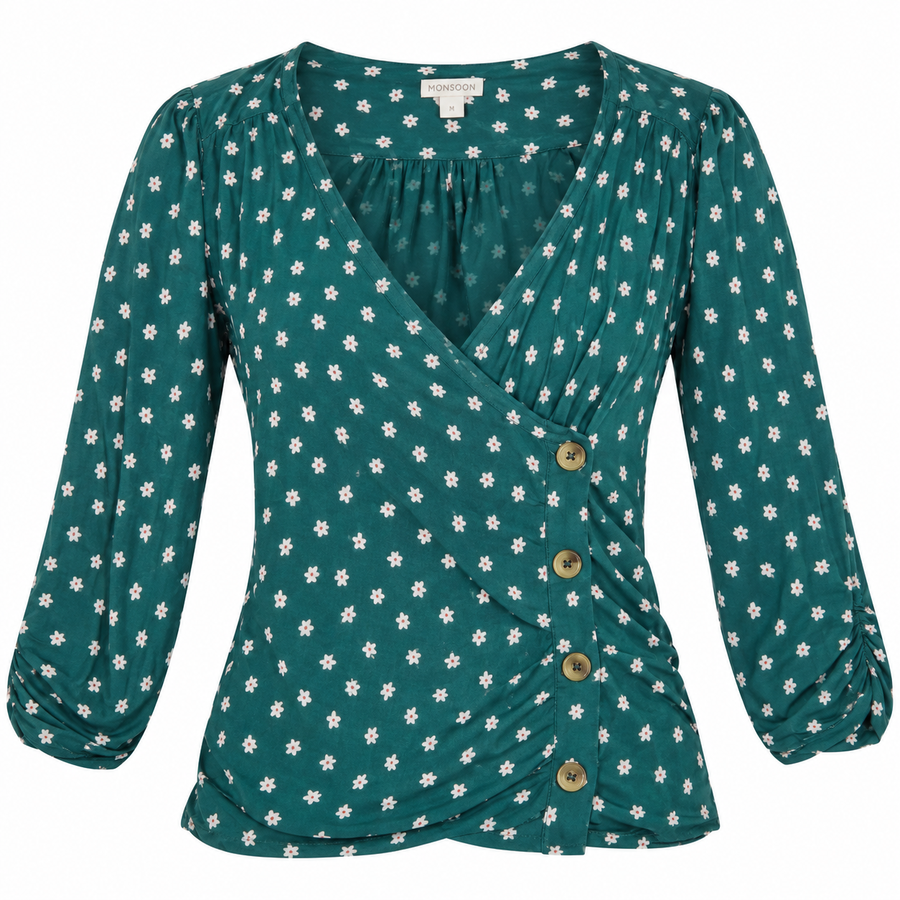 Teal Ditsy Floral Button Detail Wrap Top