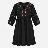 Dress Black Embroidered Floral Long Sleeve Midi V-