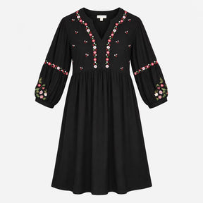 Dress Black Embroidered Floral Long Sleeve Midi V-