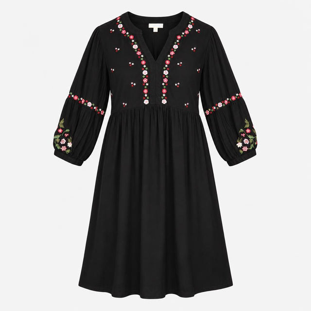 Dress Black Embroidered Floral Long Sleeve Midi V-