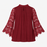 Top High Neck Sheer Lace Sleeve Pleated Blouse