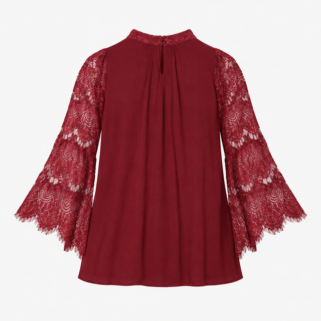Top High Neck Sheer Lace Sleeve Pleated Blouse