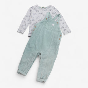 Dungaree set sage cord with grey fox tee