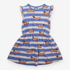 Dress sleeveless blue and white stripe sausage dog