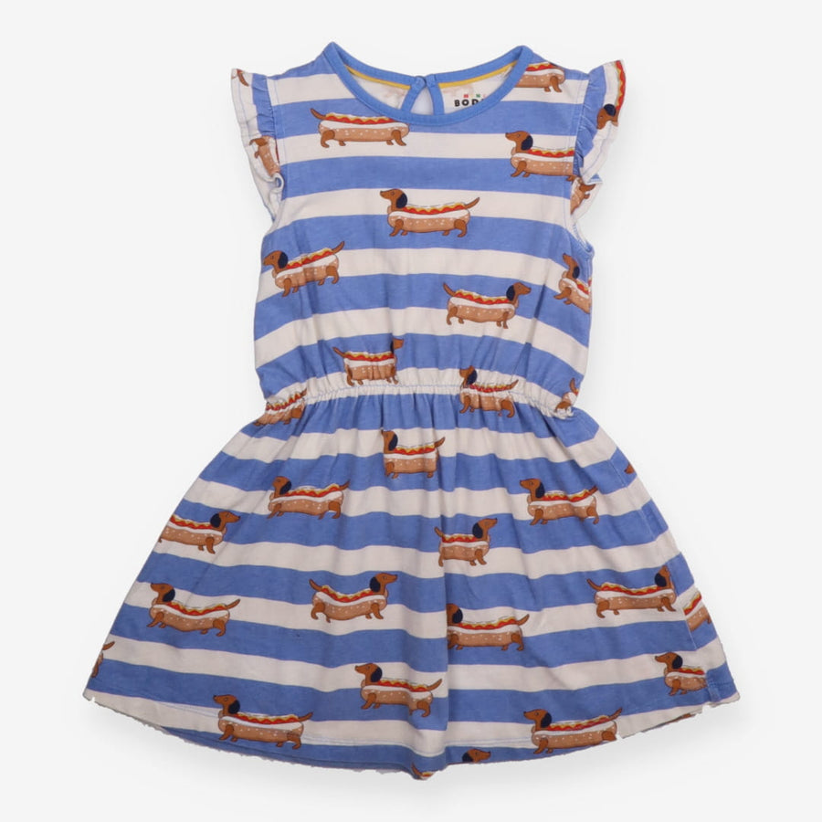 Dress sleeveless blue and white stripe sausage dog