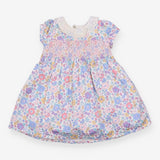 Dress SS smocked lace collar purple blue flowers