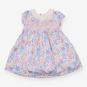 Dress SS smocked lace collar purple blue flowers