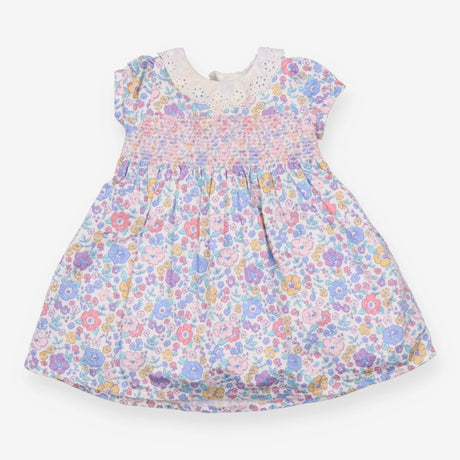 Dress SS smocked lace collar purple blue flowers