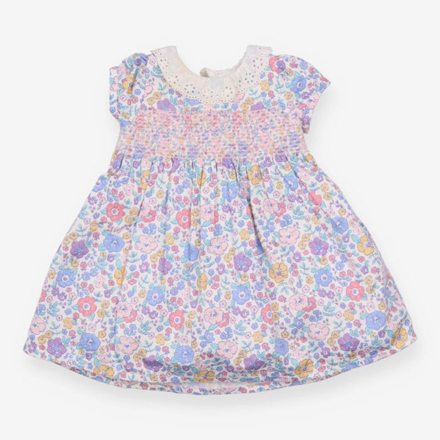 Dress SS smocked lace collar purple blue flowers