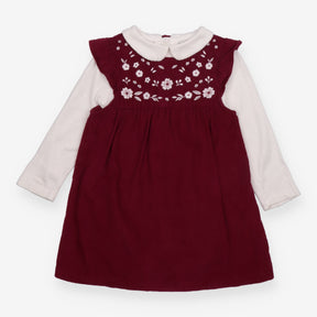 Outfit pinafore cord red embroidered flowers and w