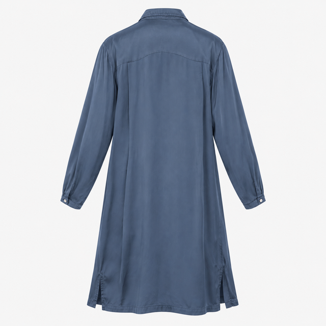 Shirt Dress Navy Cupro Long Sleeve Button Front Mi