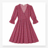 Midi Dress Dark Floral Print Pink Orange Long Slee
