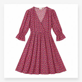 Midi Dress Dark Floral Print Pink Orange Long Slee