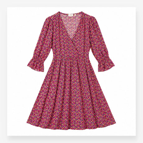 Midi Dress Dark Floral Print Pink Orange Long Slee